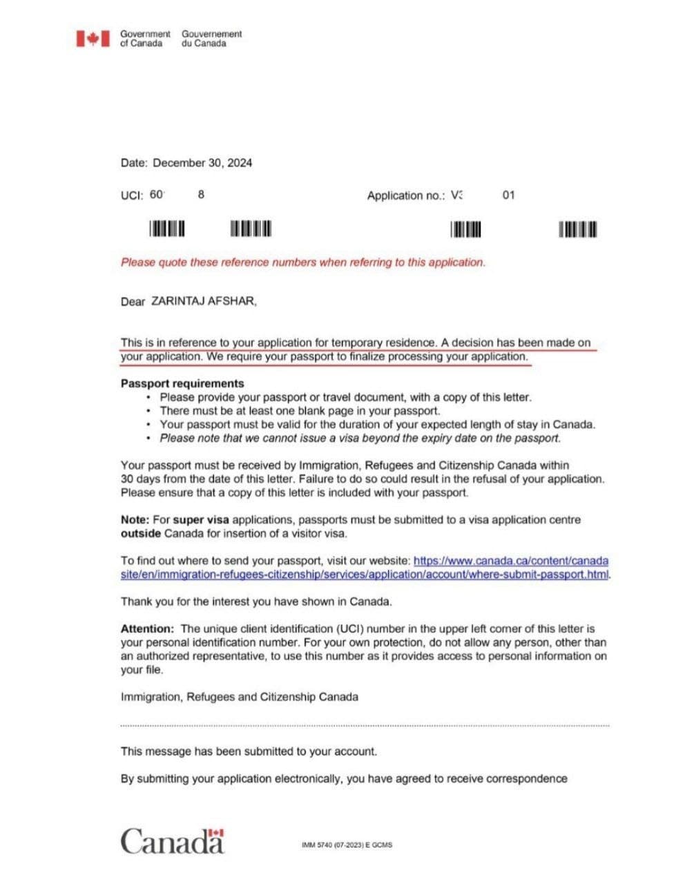 ویزای توریستی کانادا خانم زرین تاج